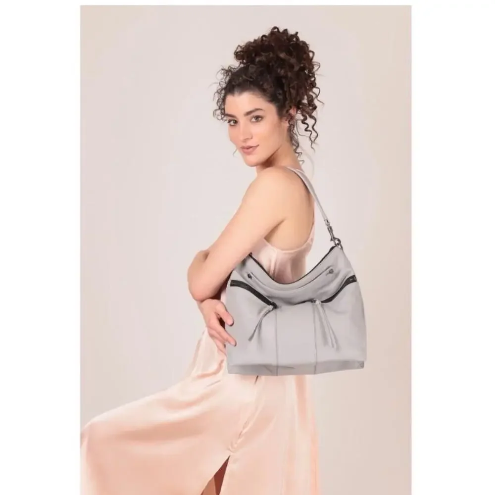 Botkier Trigger Convertible Hobo Purse Handbag Silver Grey Pebbled Leather